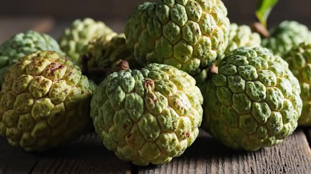 Fresh Sugar Apple Fruits on Wooden Table