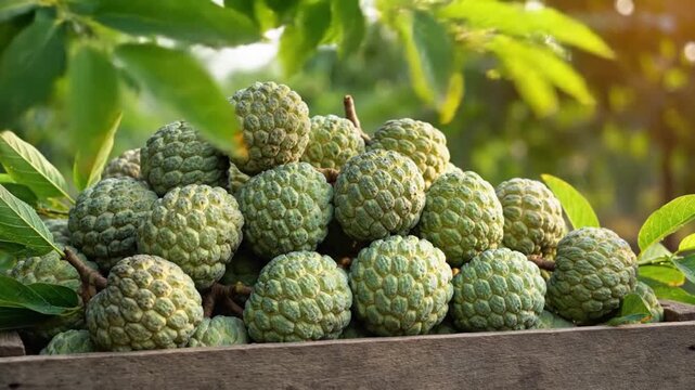 Fresh Custard Apples on Wooden Crate