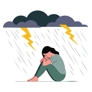 Young lonely girl sitting under storm cloud flat vector illustration cartoon unhappy woman crying perfect for depression mental disorder problem awareness and emotional design
