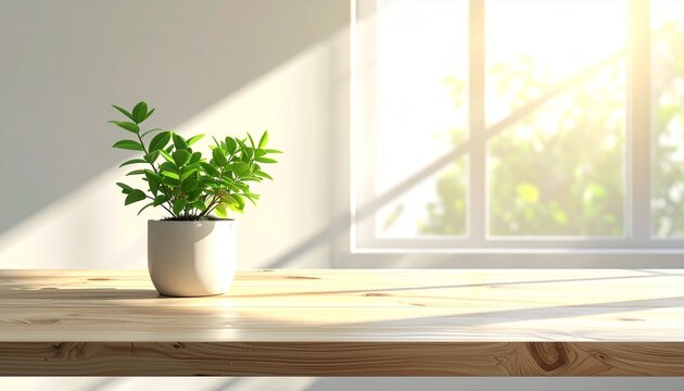 窓から光が差し込むデスクと観葉植物の背景