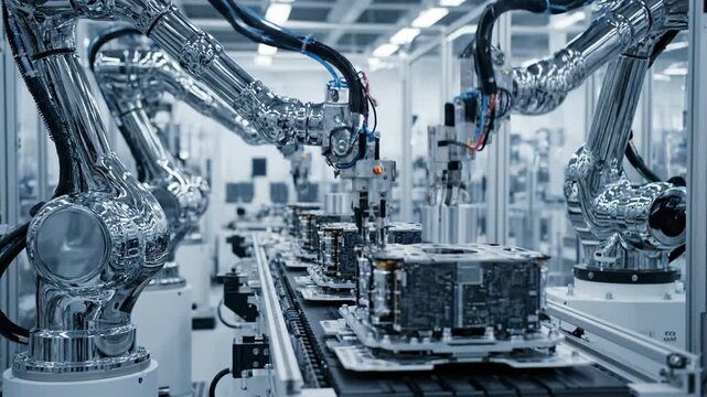 Robotic arms on assembly line assembling electronic components in a factory, automation, industry, manufacturing, technology, automated production, robotics.