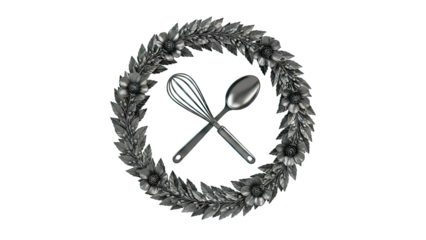 Black kitchen utensils inside a floral wreath