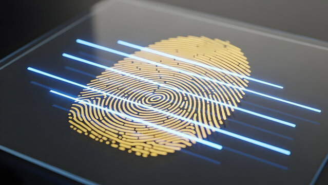 Futuristic biometric fingerprint scanner illuminating a secure digital identity verification process with advanced access control technology for robust data protection - Powered by Adobe