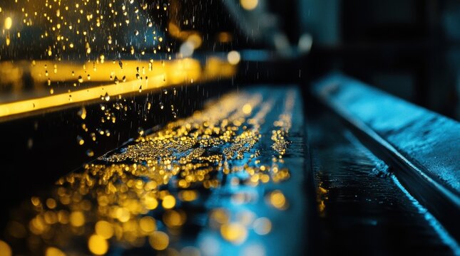 A macro shot of a highspeed conveyor belt transporting freshly molded parts with droplets of cooling liquid glistening in the light.