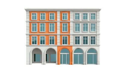 Three-Story Building with Arched Ground Floor and Orange Accents