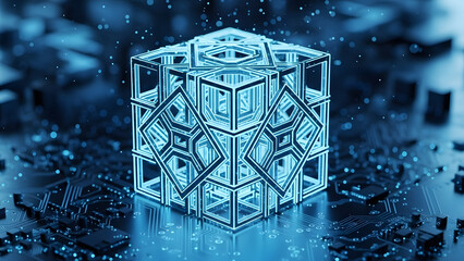 Intricate glowing blue geometric cube representing advanced digital technology and complex data systems, symbolizing innovation, connectivity, and the future of computing on a futuristic circuit board