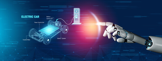 Obraz premium AI supports electric vehicle systems by optimizing powertrain efficiency, battery control, and smart charging to improve EV performance and energy usage Vouch