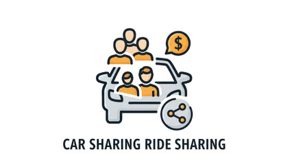 Car Sharing Ride Sharing Concept with People and Money Icon.