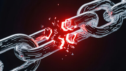 A critically weak link in a digital chain, glowing red, illustrates cybersecurity vulnerability, system breakdown, digital collapse, and the concept of a broken connection