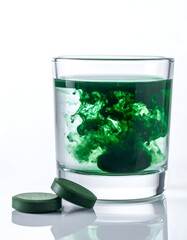 Green tablets by glass of water with dissolving, swirling pigment