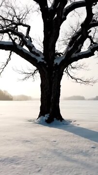 Snow-covered tree standing alone in a serene winter landscape viewed from a low angle