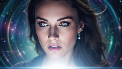 Closeup portrait of a woman with striking eyes and futuristic elements.