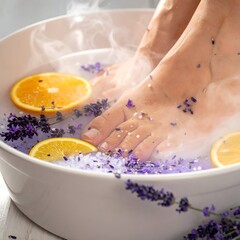 Feet soaking in warm, fragrant water with herbs and citrus