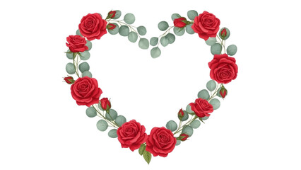 Naklejka premium Heart shaped floral arrangement with red roses and eucalyptus leaves