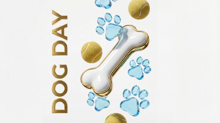 Dog day themed composition with glossy bone, blue paw prints and tennis balls