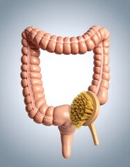 Rendered human large intestine with scrubbing brush graphic overlay