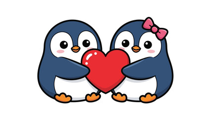 Fototapeta premium Adorable cartoon penguins holding a heart together with love
