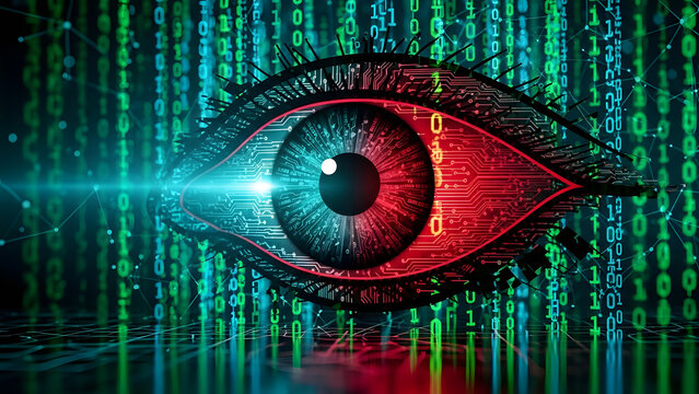 Digital Eye Amidst Binary Code Streams A Symbol of Cybersecurity, Data Surveillance, and Advanced Information Technology Monitoring