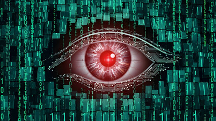 Digital eye observing binary code, symbolizing surveillance and artificial intelligence in a futuristic context