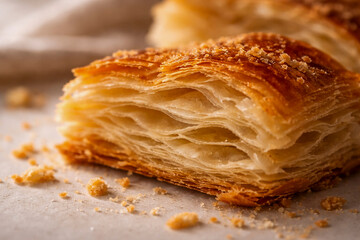 Golden puff pastry close-up texture
