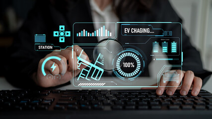 Charging interface for electric vehicles showing real-time battery level, charging status, power output, station location, and navigation for efficient energy management Latch