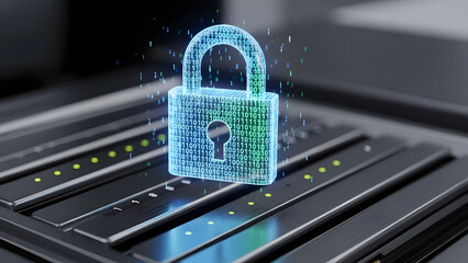 Digital padlock with binary code and abstract circuit board pattern represents cybersecurity concept, data protection, and digital security solutions