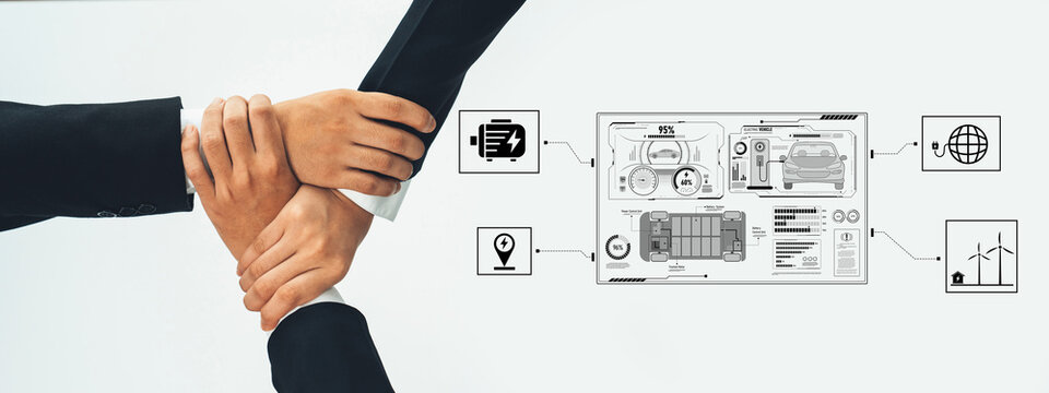 Hands engaged in collaboration demonstrate teamwork in a professional business setting, with digital infographics highlighting technology and data visualization. Trope - Powered by Adobe