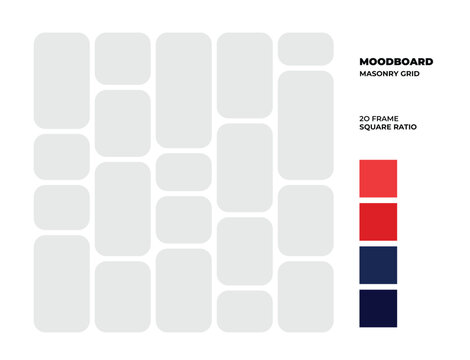Masonry grid moodboard with 20 empty photo frames in square format for design planning
