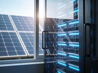 A modern data center with glowing server racks, utilizing renewable solar energy visible through a nearby window.