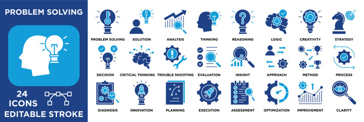 Problem solving icon collection set. Containing thinking, analysis, strategy, logic, creativity, decision making, innovation, troubleshooting, and optimization concepts. blue tone vector © BAMBANG G