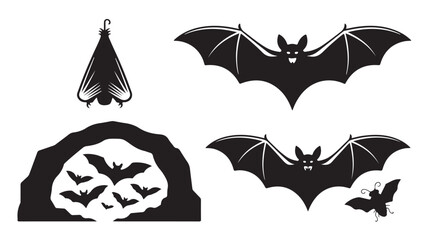 Black Bats Flying and Hanging Silhouette Set with Cave Entrance Isolated on White