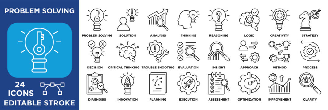 Problem solving icon collection set. Containing analysis, critical thinking, creativity, strategy, decision-making, diagnosis, planning, optimization, and improvement. editable stroke lineal vector