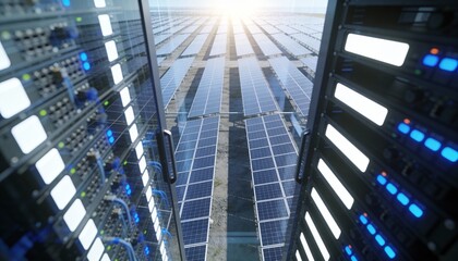 Server racks in a data center view a massive solar energy farm under a bright sun, connecting technology and green power.