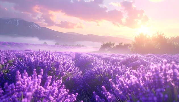 A serene scene features fields of purple flowers under a pastel sunset. Mountains, mist and trees create depth - Powered by Adobe
