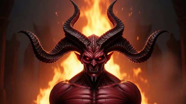 Terrifying Demon with Glowing Eyes and Massive Horns Amidst Fiery Flames