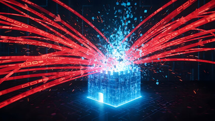 Abstract digital fortress protecting crucial data from relentless cyber attacks, illustrating advanced network security and data integrity concepts in a futuristic system