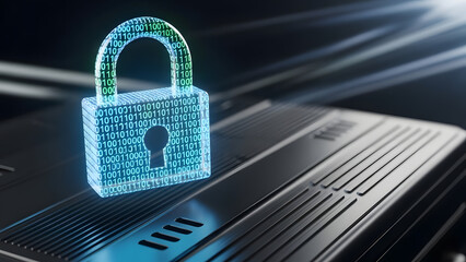 Digital padlock representing data protection and cyber security on a futuristic circuit board, symbolizing advanced technological safeguarding and encrypted information