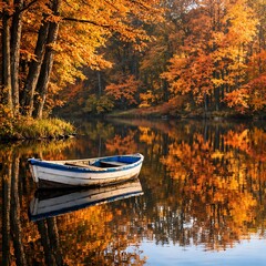 A white and blue rowboat on a calm lake with surrounding autumn trees reflecting vibrant orange and yellow colors.