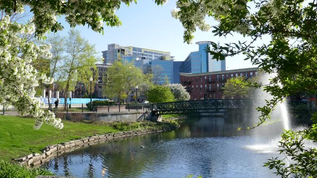 Kalamazoo, Michigan skyline view through spring flowers of Arcadia Creek.