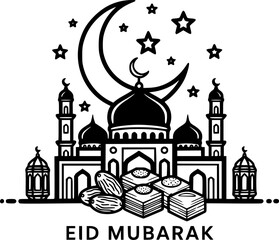 Elegant Eid Mubarak Black and White Design Celebrating Islamic Holiday with Mosque Crescent Moon Stars Lanterns and Traditional Sweets Illustration
