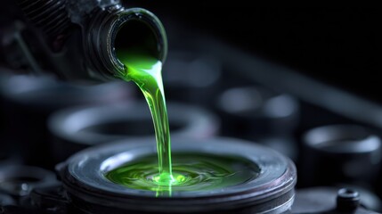 Medium shot of green transmission fluid pouring smoothly highlighting ecofriendly automotive maintenance with renewable carbonfree technology.