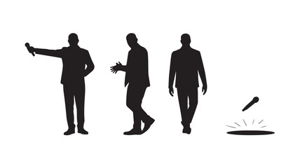 Man dropping microphone in confident triumphant style with black and white silhouette vector graphic for impactful statement.