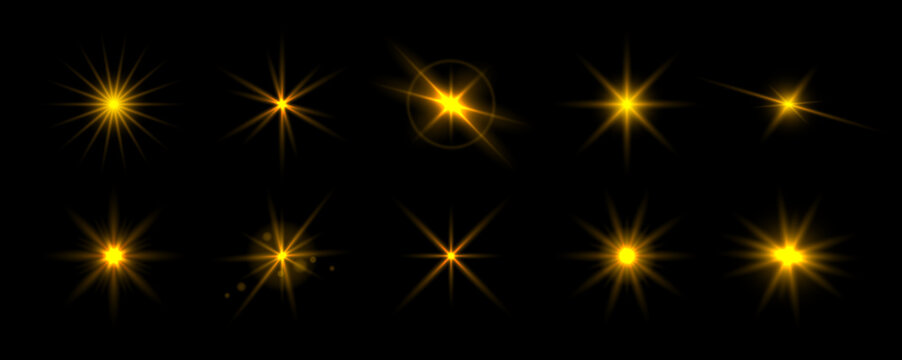 Golden glowing sparkling set. Magical gold stars, twinkles and sparks glowing pack. Shining light flare effect collection. Starlight rays radiance sun elements. Yellow sun beam burst bundle. Vector