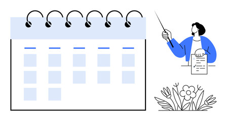 Large calendar with grid layout, a presenter holding a pointer and document, floral elements. Ideal for time management, event planning, schedule, productivity, presentations, organization simple