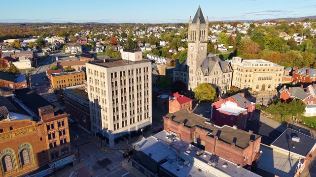 PENNSYLVANIA - 11.10.2025 - Great aerial footage moving over the courthouse in downtown Uniontown, Pennsylvania.