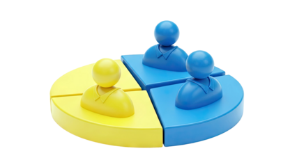 Three stylized figures on a divided pie chart