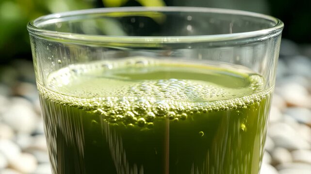 Refreshing Glass Fills With Vibrant Green Juice on a Sunny Day