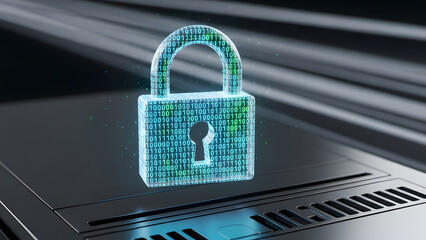 Glowing digital padlock with intricate binary code patterns, symbolizing advanced cybersecurity, data protection, and secure network infrastructure in a high-tech environment