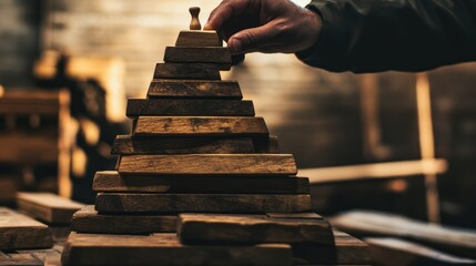building a wooden block pyramid, a hand carefully adding the final piece to the top, representing strategy and planning, achieving a goal