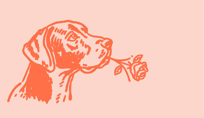 Hand drawn dog holding a rose for valentines day romance with playful doodle charm